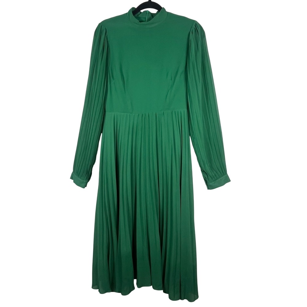 Boohoo Occasion Dress Womens Green Pleated‎ Mock Neck Long Sleeve Midi Size 6